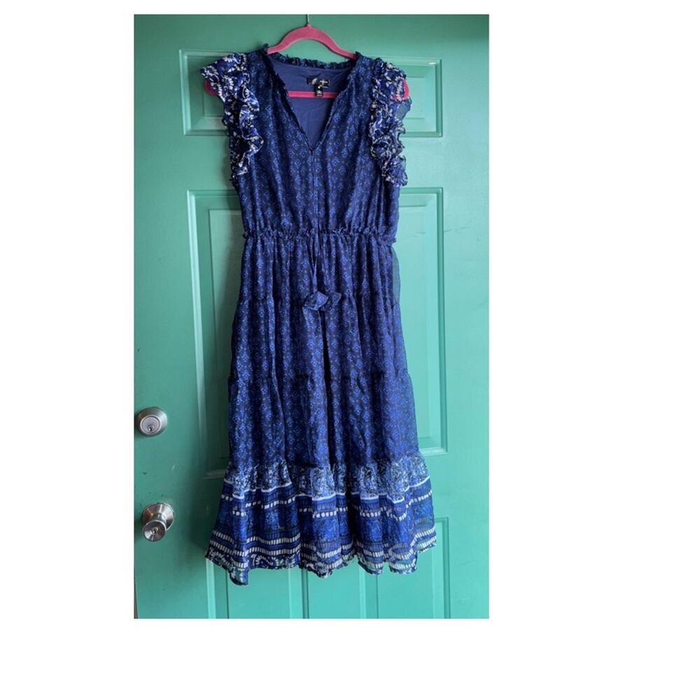 AQUA large Border Print Tassel Tie Midi Dress like new - Picture 3 of 11
